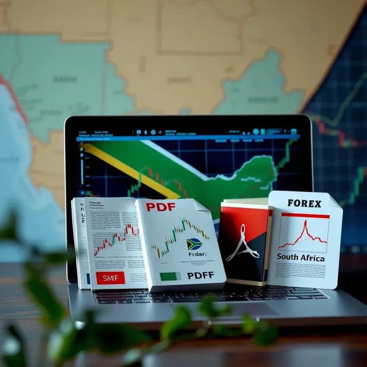 Collection of forex trading books in PDF format arranged on a laptop screen with South African map background