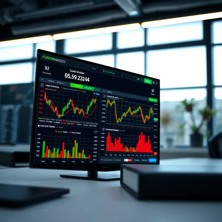 Dashboard view of Fusion Markets trading platform showing various financial instruments and market data