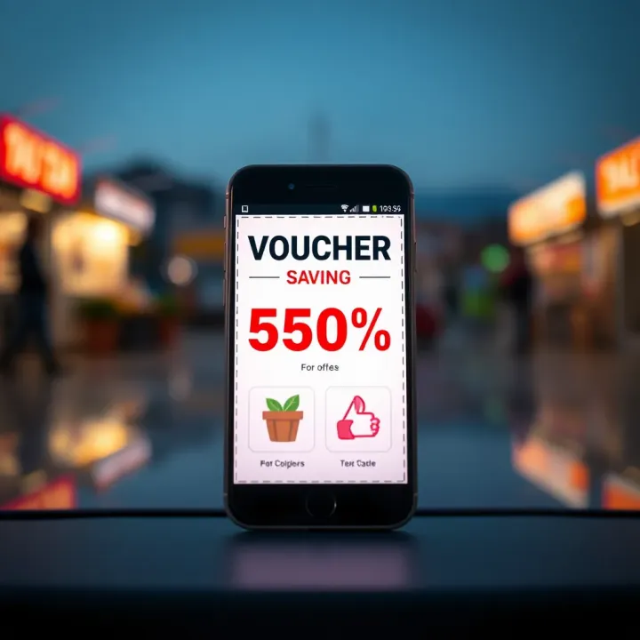 Illustration of a digital coupon displayed on a smartphone screen with discount symbols