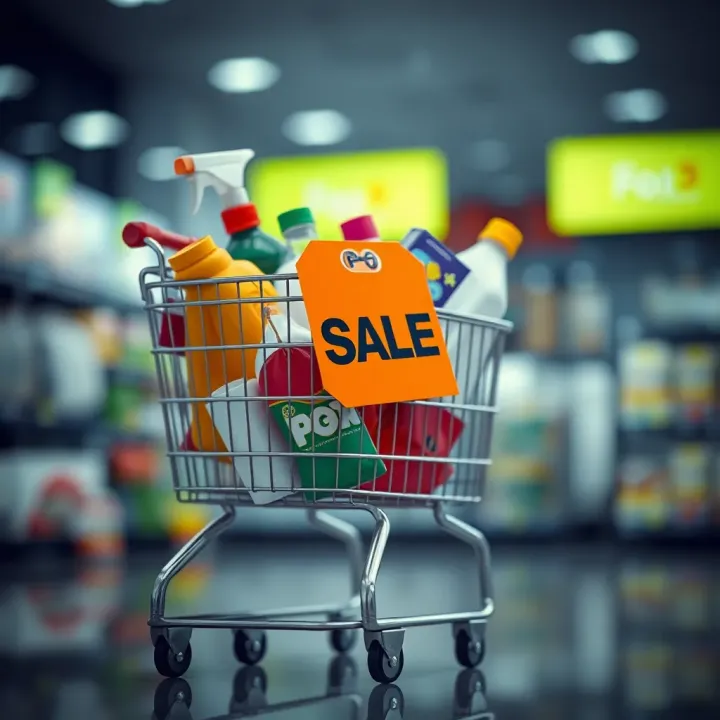 Graphic showing a shopping cart filled with various products and a discount tag symbolizing savings