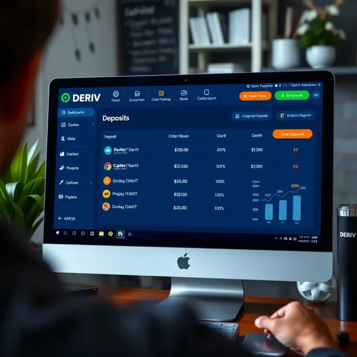Computer screen showing Deriv account dashboard with deposit options highlighted