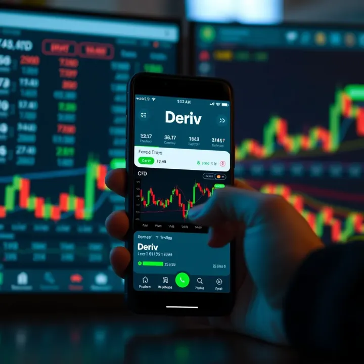 Deriv Trading App Displaying Live Market Data on Mobile Mobile device displaying Deriv app with live forex and CFD market data and trading tools