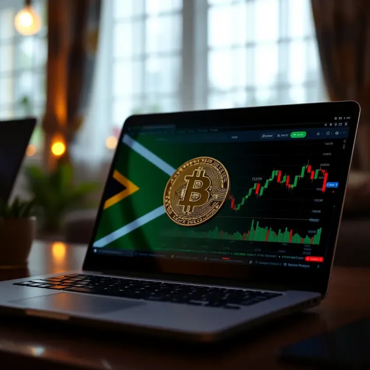 Trading Platform Interface for South African Cryptocurrency Users Secure laptop showing a cryptocurrency trading platform with South African flag overlay