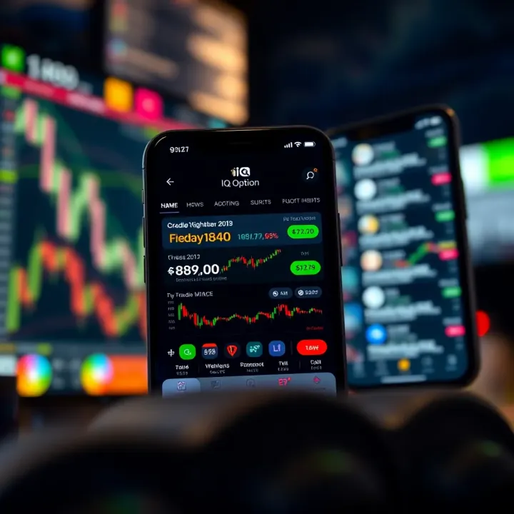 User interface of the IQ Option app displaying various financial trading options including forex, stocks, and cryptocurrencies
