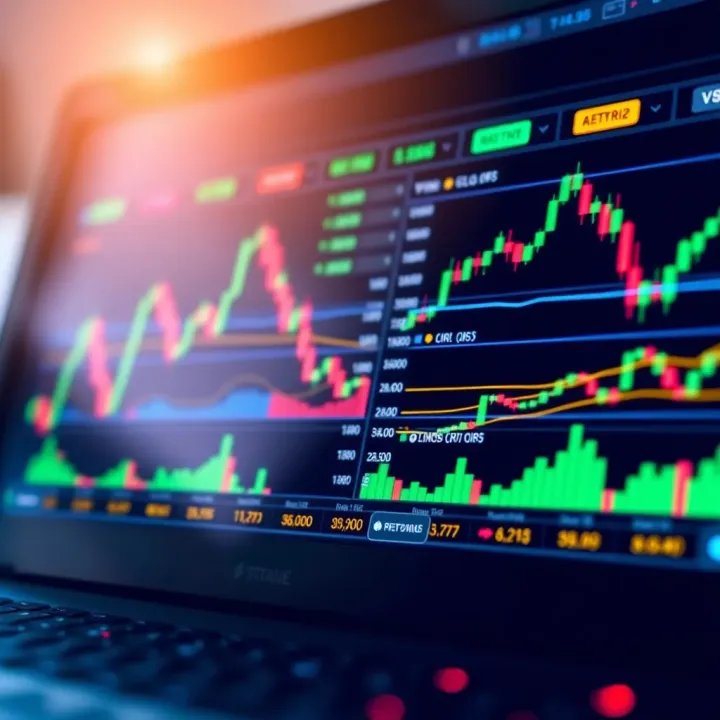 Illustration of an online trading platform interface displaying various financial charts and indicators