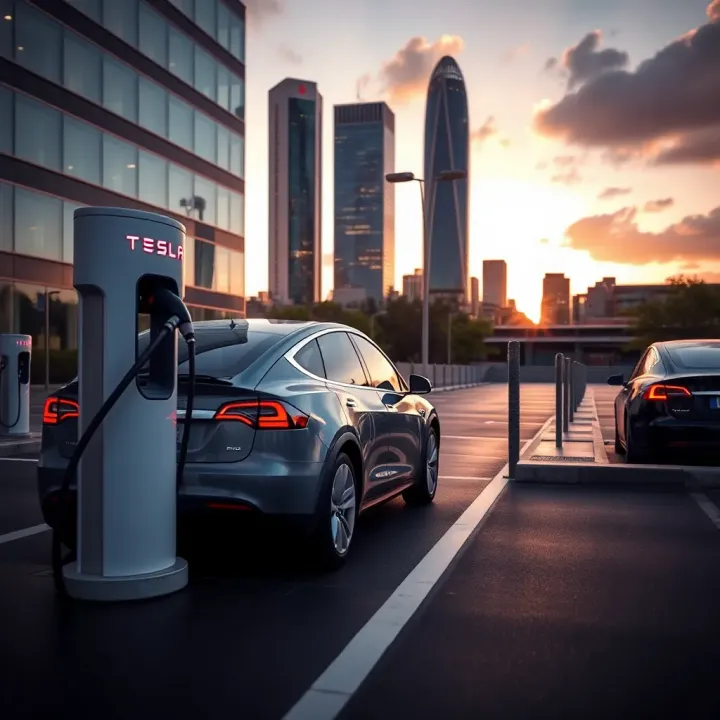 Tesla electric vehicle charging at a modern station with a city skyline in the background