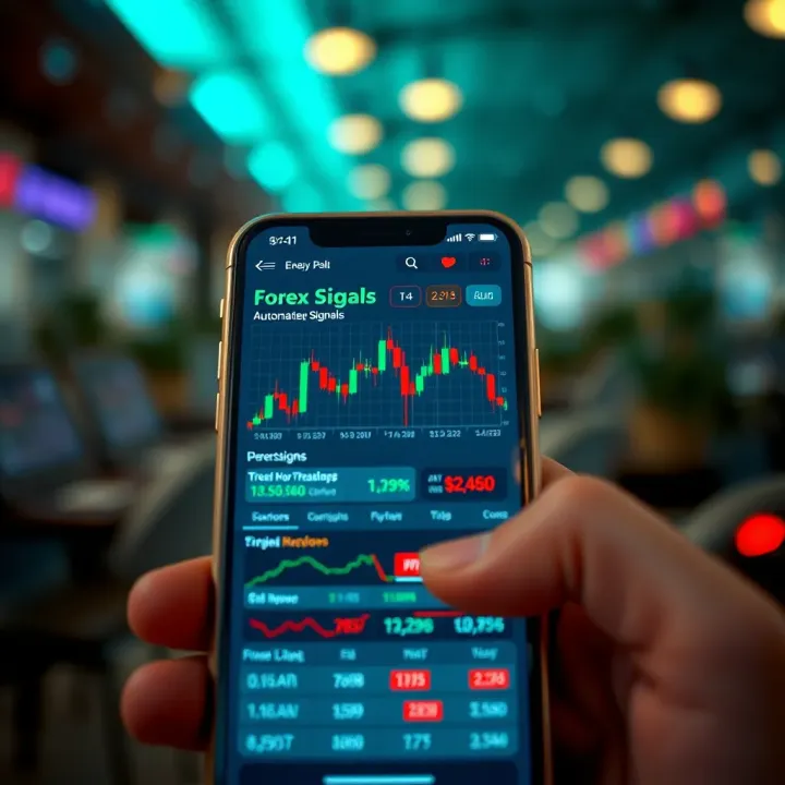 Smartphone screen displaying a forex trading app with automated trading signals