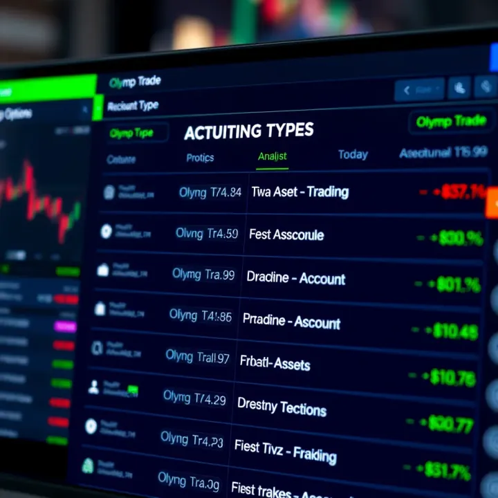 Account Types and Trading Options on Olymp Trade Trading options menu displaying different account types and asset categories on Olymp Trade