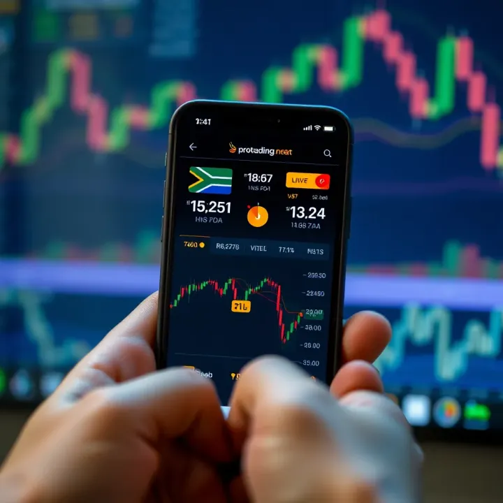 Smartphone displaying a user-friendly interface of an online trading application with South African stock market data