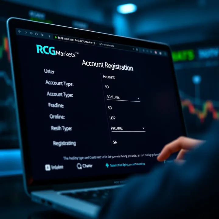 User interface of RCG Markets platform showing account type options and registration form