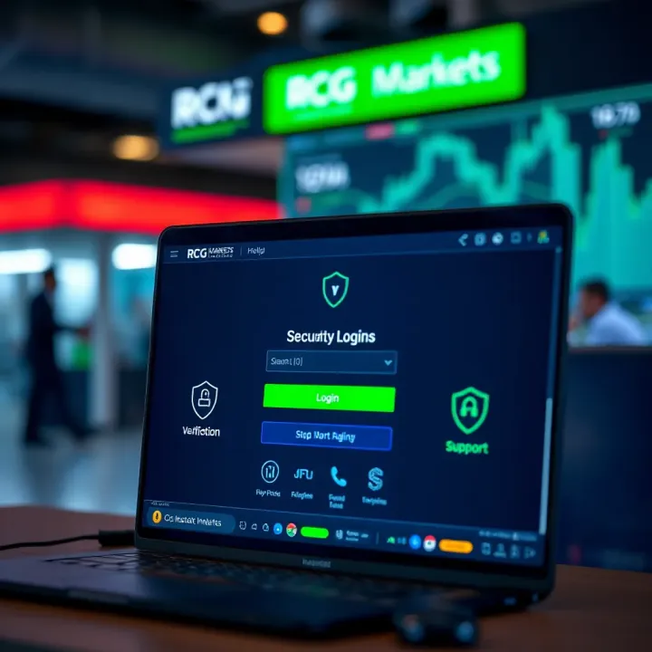 RCG Markets Security, Funding, and Support Features Secure login screen with verification and funding icons for RCG Markets platform