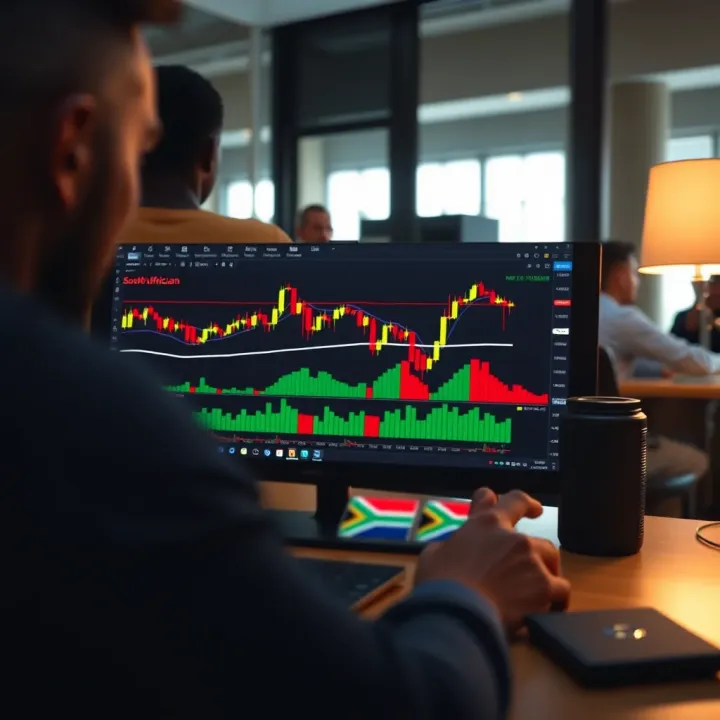 An interface displaying RCG Markets trading platform with charts and financial data tailored for South African users