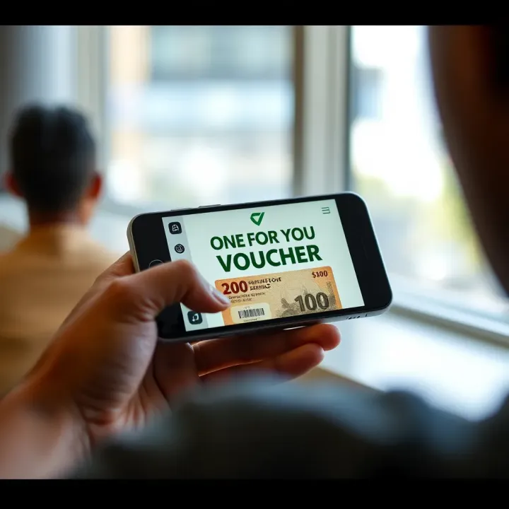 Visual guide showing digital voucher redemption on a mobile device with South African currency symbols