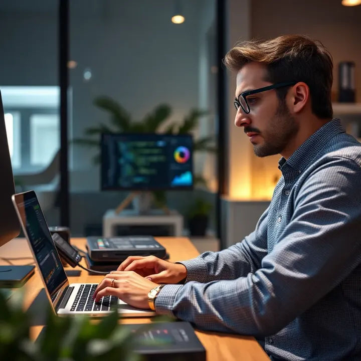 Riccardo Spagni working on cryptocurrency code on a laptop in a modern workspace