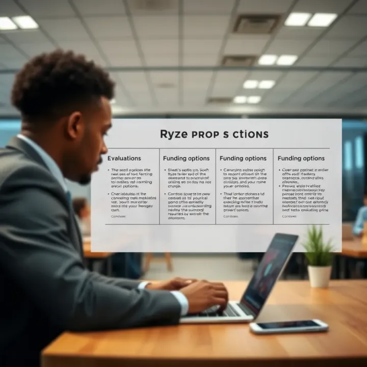 Illustration depicting evaluation stages and funding options available for South African traders at Ryze Prop Firm