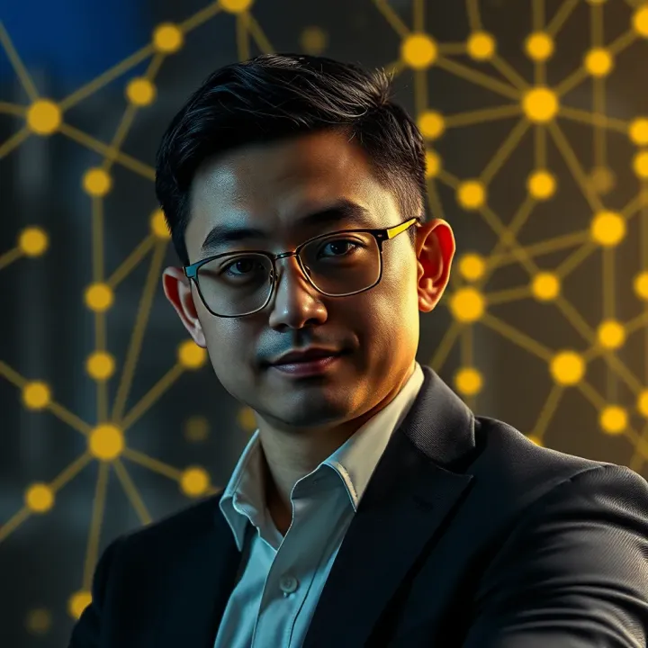 Portrait of Samson Mow with blockchain network graphics in the background