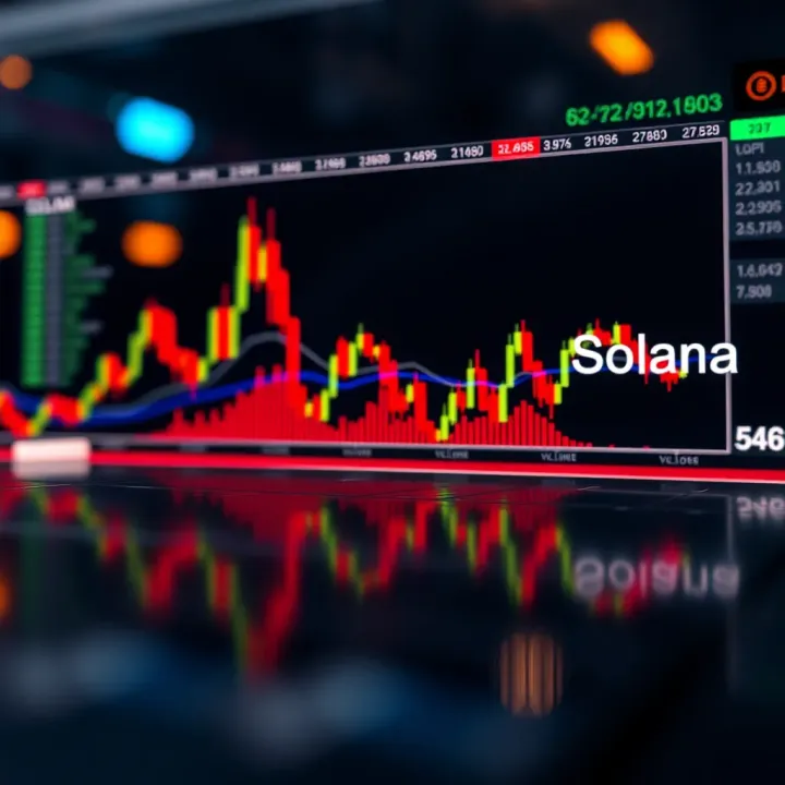 Graph showing Solana price fluctuations with candlestick patterns and volume indicators