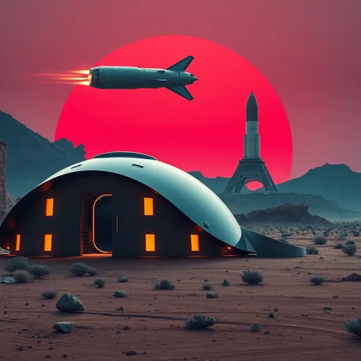 Conceptual Mars Habitat and SpaceX Starship A futuristic Mars habitat concept with SpaceX Starship in the background under a red Martian sky