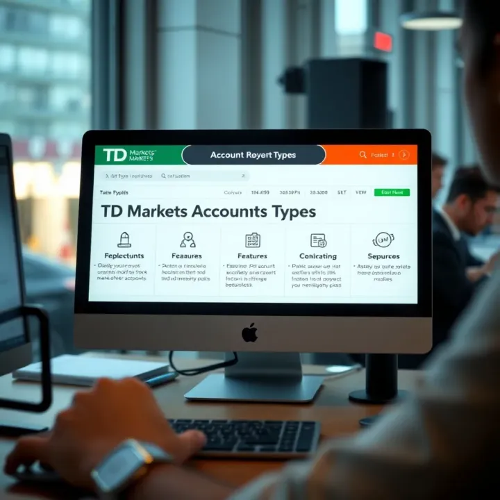 Comparison of TD Markets Account Types and Features Illustration of various account types available at TD Markets with icons representing features and benefits