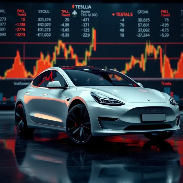 Tesla Company Performance and Market Insights Tesla electric vehicle with financial charts in the background indicating company performance