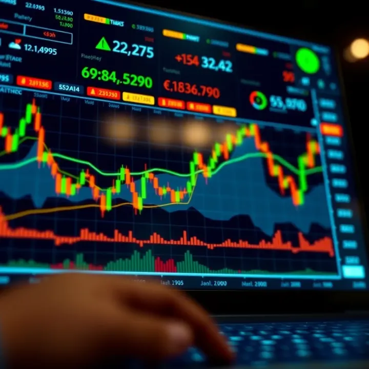 Illustration showing a digital interface of an automated trading application with graphs and data analytics