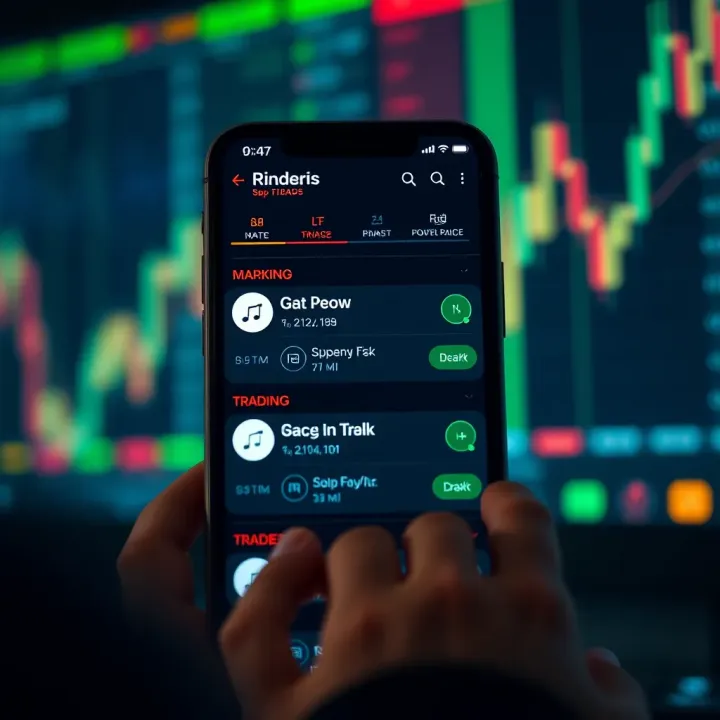 User interface of a binary trading mobile application showing market options and trade buttons