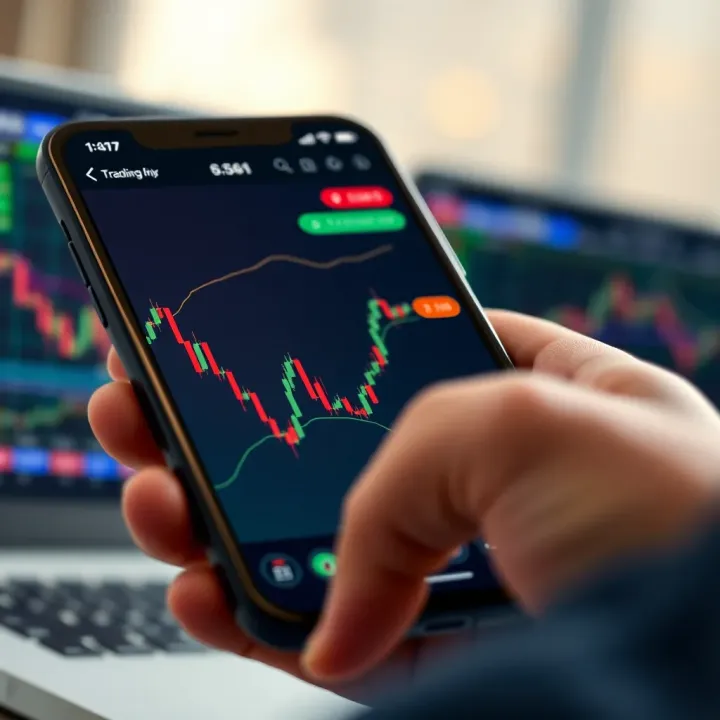Mobile phone screen displaying financial trading app interface with charts and graphs