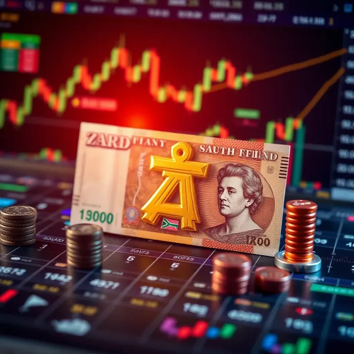 South African Rand symbol alongside trading charts and currency exchange icons representing Deriv ZAR account usage