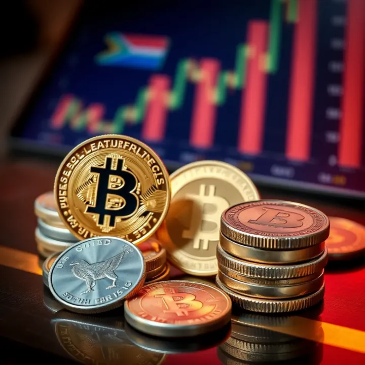Emerging Cryptocurrency and Local Currency Payment Solutions in South Africa Digital cryptocurrency symbols and South African Rand coins illustrating modern and local payment alternatives