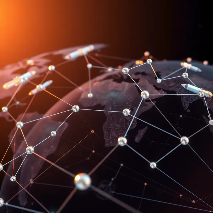 Global Space Network Illustrating International Collaboration Global network connecting space agencies and private companies highlighting international cooperation