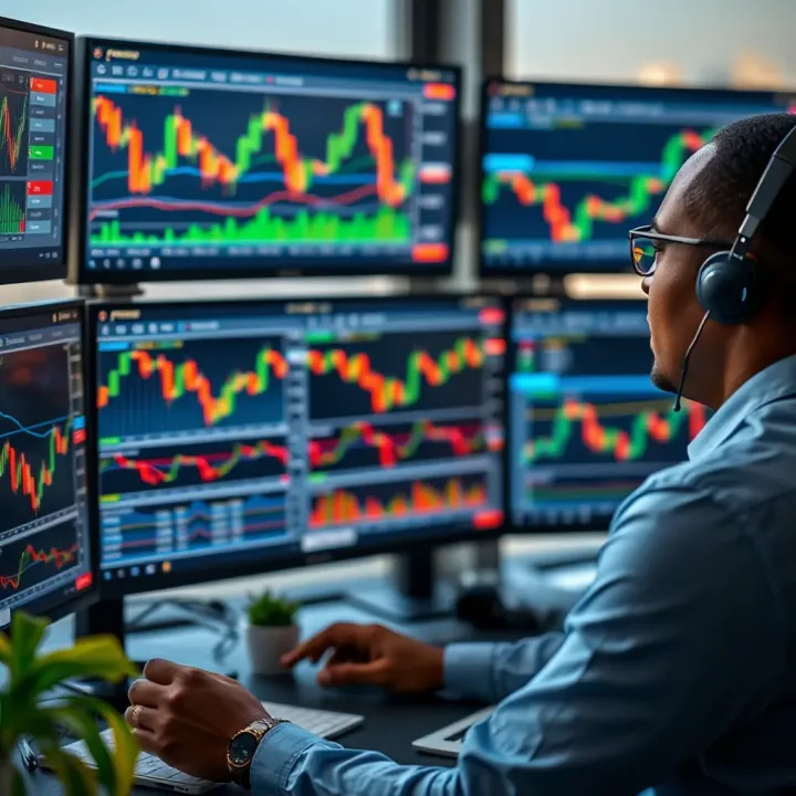 South African trader analyzing forex charts on multiple screens with FBS trading platform