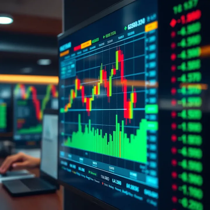 Illustration showing a digital foreign exchange trading platform with charts and currency symbols on screen