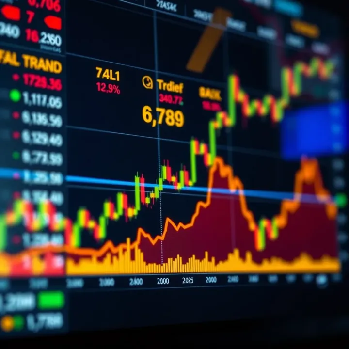 Overview of Maven Trading Platform and Market Trends Graph showing financial market trends with an overlay of modern trading platform interface
