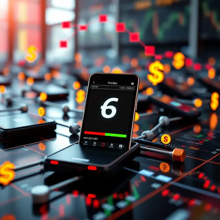 Conceptual representation of automated forex trading with interconnected mobile devices and currency symbols