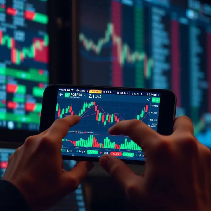 User interacting with forex trading robot application on mobile device displaying charts and trading signals