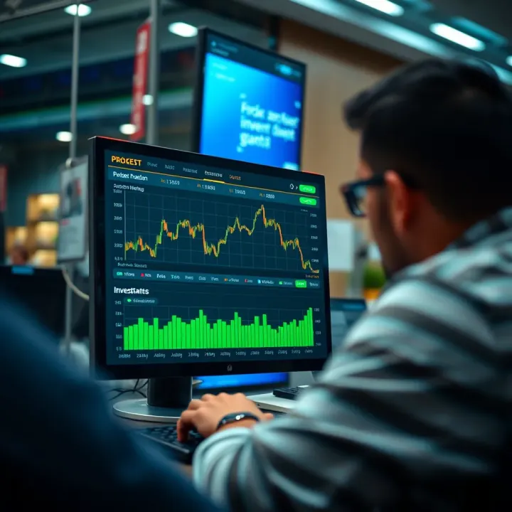 Illustration showing a digital interface of a pocket broker platform with charts and investment options