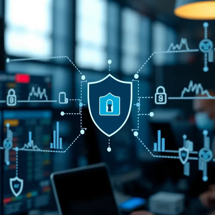 Conceptual graphic of automated trading system connected to brokers with security shield symbol