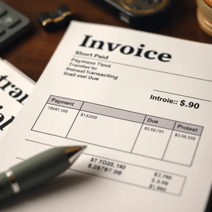 Business invoice showing a payment amount less than the total due, illustrating short paid transaction concept