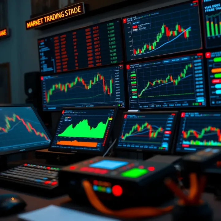 Graph showing automated trading system analyzing market data on multiple screens